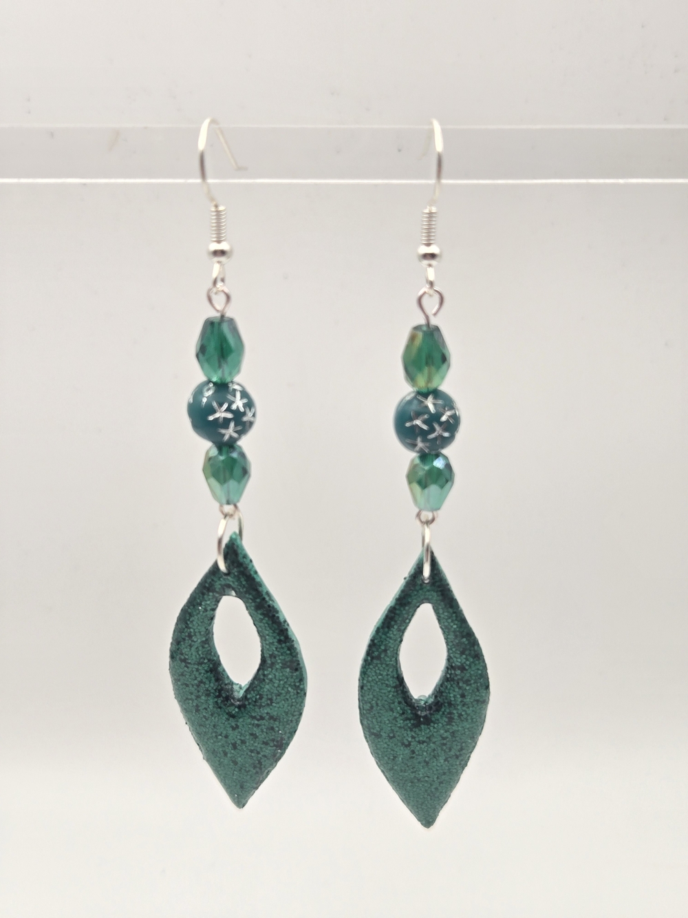 #B507- Glitter Green Drop Beaded Dangle Earrings